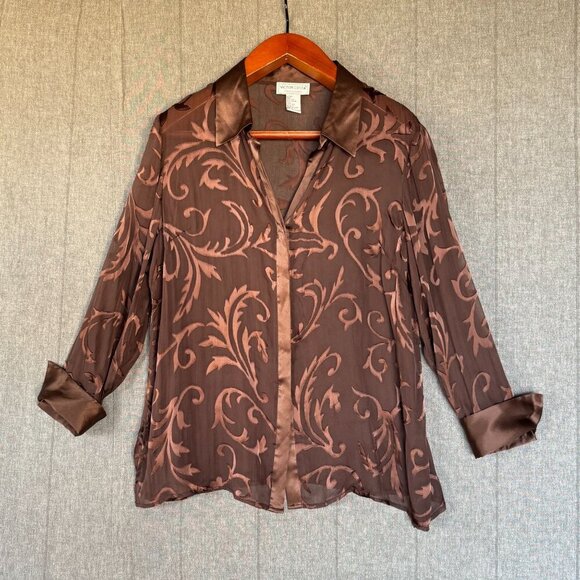 Victor Costa Occasion Brown Sheer Silk Satin Print Long Sleeve Tunic Top Size L - Picture 1 of 10